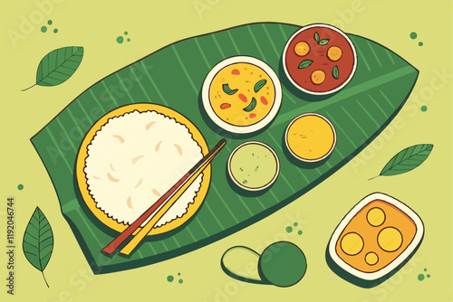 Traditional Indian thali, vibrant colorful food, banana leaf plate, rice, curry, vegetables, spices, overhead view, realistic rendering, studio lighting, high detail, food photography style, green and