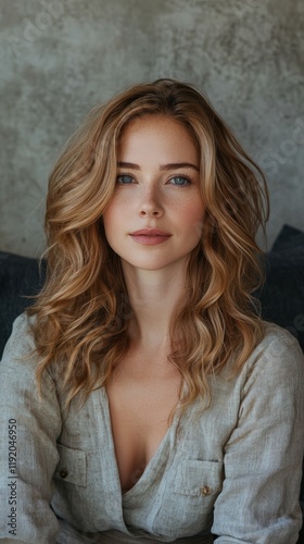 Elegant woman with soft waves in her hair, sitting on a studio couch, wearing a relaxed yet stylish outfit.
