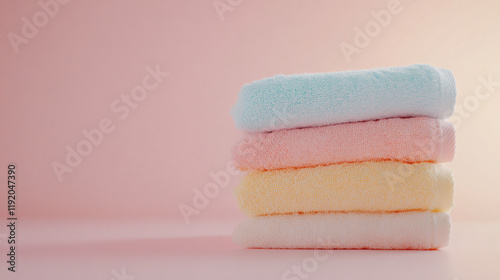 stack of pastel colored towels on pink background