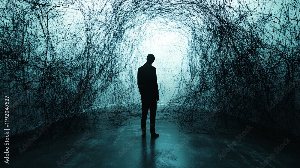 A 3D representation of anxiety, with tangled and chaotic wireframes in dark colors, surrounded by an oppressive atmosphere. A 3D representation of anxiety, with tangled and chaotic wireframes in dark colors, surrounded by an oppressive atmosphere.