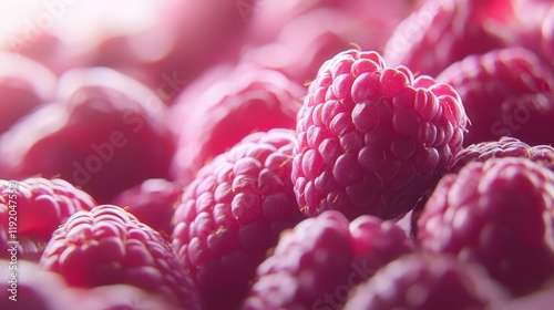 Close-up of ripe raspberries in soft, natural light