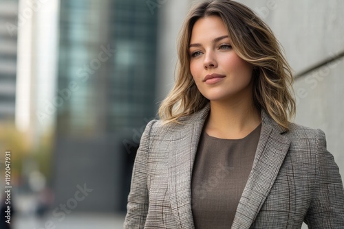 Full-figured woman in a tailored blazer, walking confidently in an urban environment with a positive and empowering look.