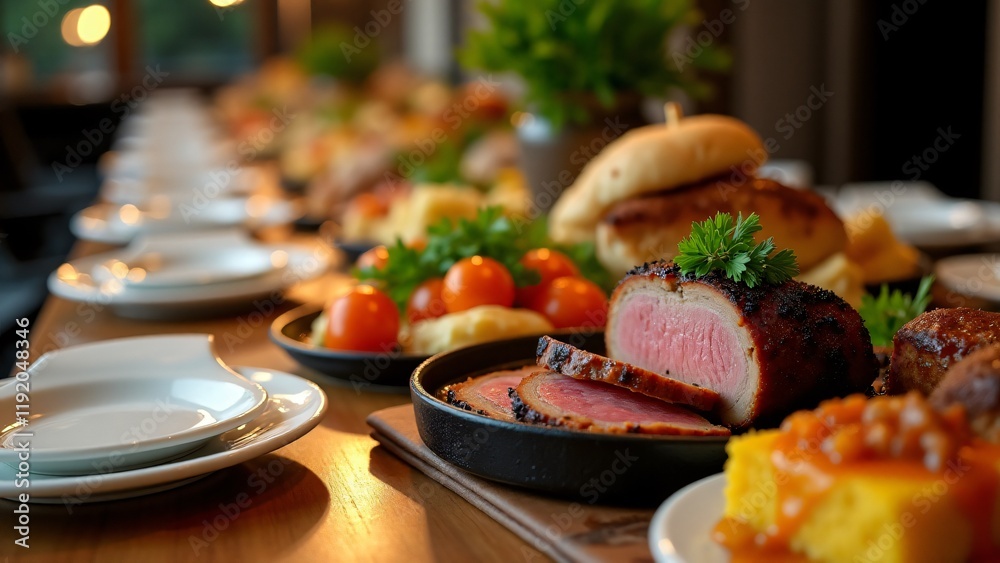 An artistically arranged spread of kosher Passover dishes like gefilte fish and brisket, highlighting both modern presentation and traditional flavors. An artistically arranged spread of kosher Passover dishes like gefilte fish and brisket, highlighting both modern presentation and traditional flavors.