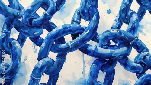 A close-up view of interlinked blue chains with a watercolor effect. photo