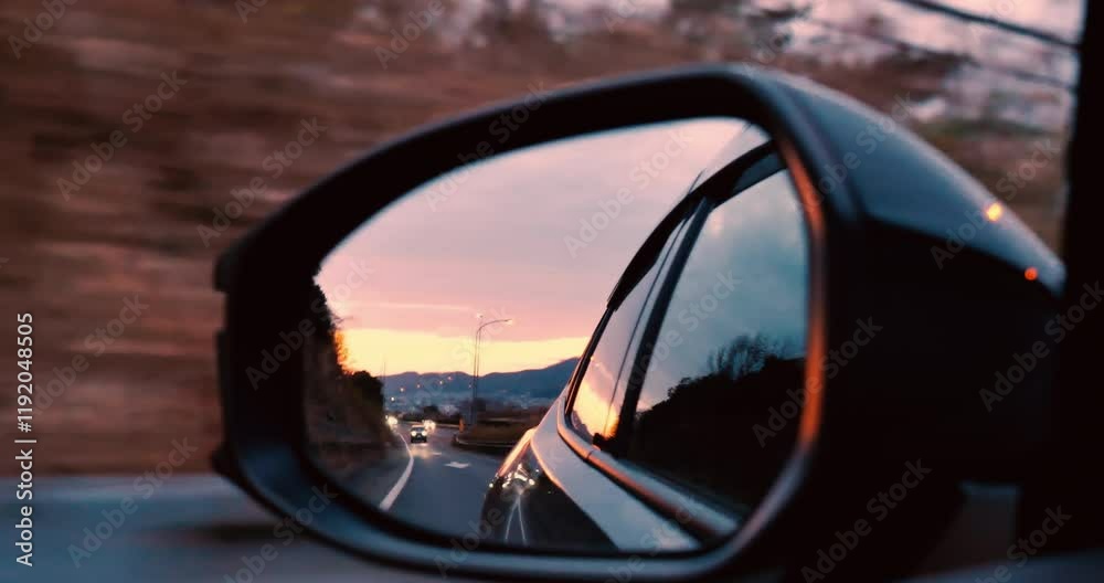 sunrise sky and moving in the  car side mirror