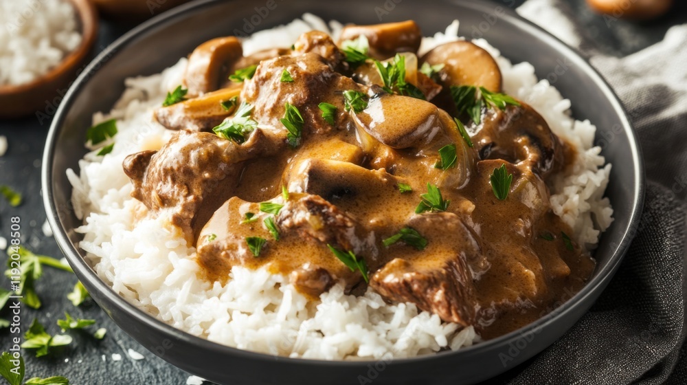 Beef stroganoff with white rice and parsley in a bowl. Emphasizing rich and savory nature, ideal for comfort food recipes and hearty meals with a satisfying presentation. Beef stroganoff with white rice and parsley in a bowl. Emphasizing rich and savory nature, ideal for comfort food recipes and hearty meals with a satisfying presentation.