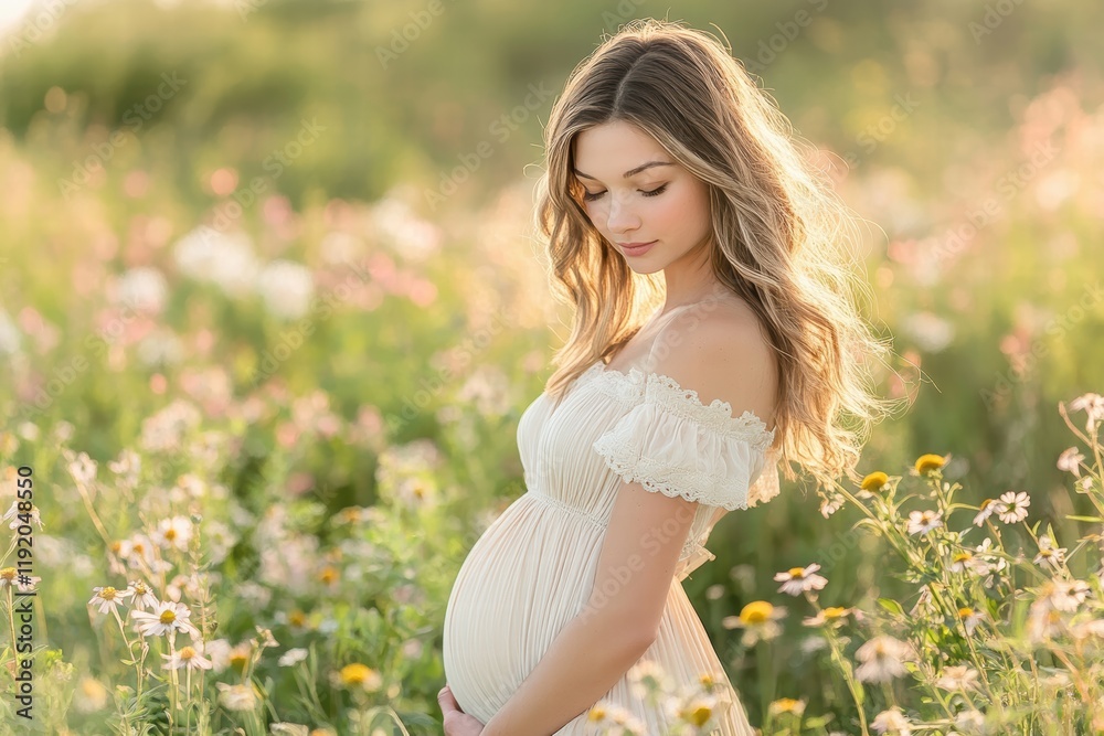 Graceful woman in a light-colored dress, standing in a peaceful meadow with wildflowers around her. Graceful woman in a light-colored dress, standing in a peaceful meadow with wildflowers around her.