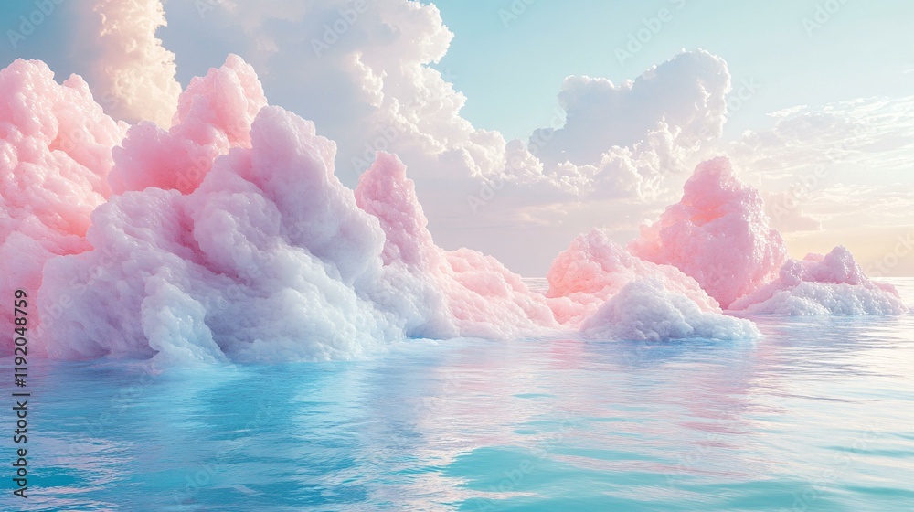 Fototapeta premium A serene 3D visualization of peace, featuring soft, cloud-like formations in gentle pastel colors, creating a tranquil ambiance.