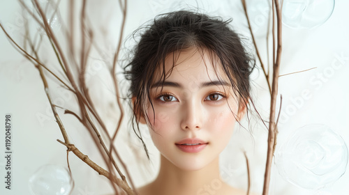 Soft Elegance: South Korean Model with Licorice Root Extract Details, Generative AI photo