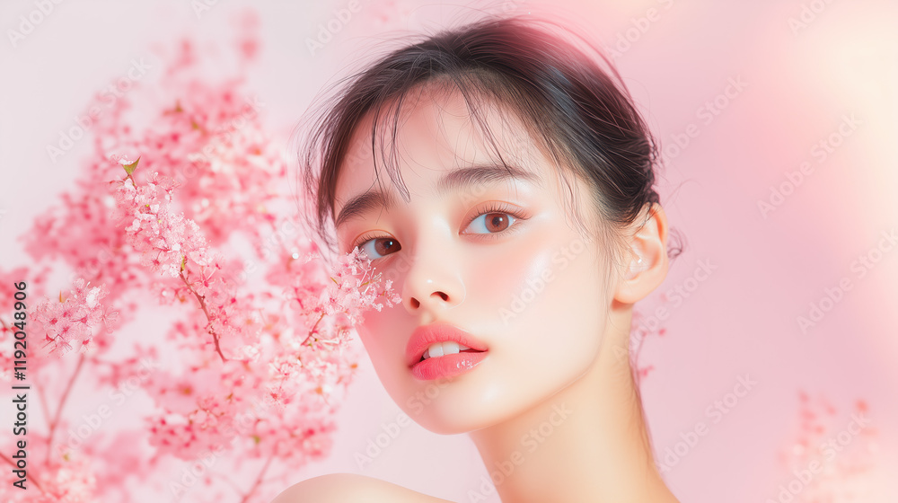 Fototapeta premium Minimalist Glow: South Korean Model and Licorice Root Extracts, Generative AI