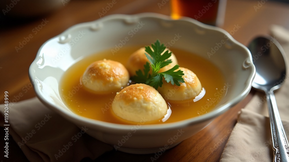 A bowl of matzo ball soup served elegantly, with light matzo balls in a clear broth, capturing the warmth and tradition of Passover. A bowl of matzo ball soup served elegantly, with light matzo balls in a clear broth, capturing the warmth and tradition of Passover.