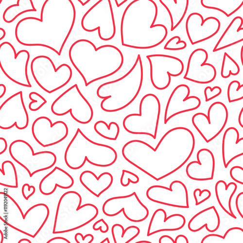 Cute hearts pattern. Vector seamless background. Illustrated outline heart shapes as symbol of love and Valentines Day February 14 celebration. Romantic pattern design