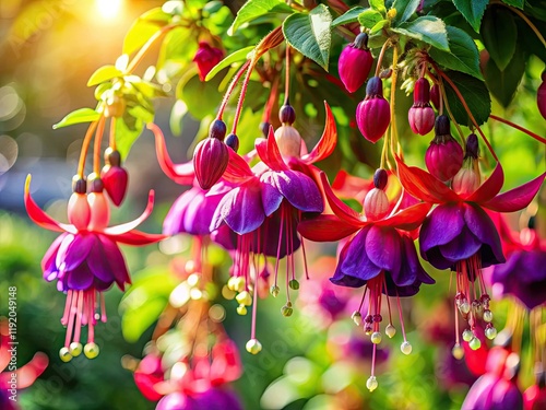 Aerial view: a profusion of fuchsia and pink-purple flowers, delicate and hanging.