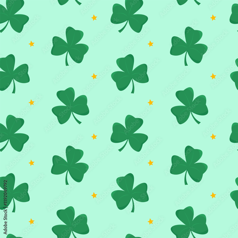 Green shamrocks and yellow stars arranged in a seamless pattern on a light green background. Symbol of luck and celebration