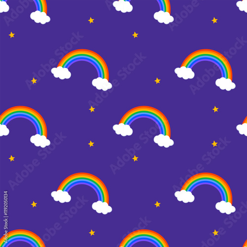 Seamless rainbow pattern with clouds and yellow stars against a purple backdrop, creating a cheerful and playful design