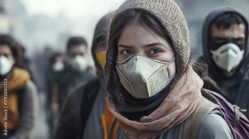 A group of individuals wear masks in a hazy environment, highlighting themes of safety, struggle, and resilience amid challenging circumstances. A group of individuals wear masks in a hazy environment, highlighting themes of safety, struggle, and resilience amid challenging circumstances.