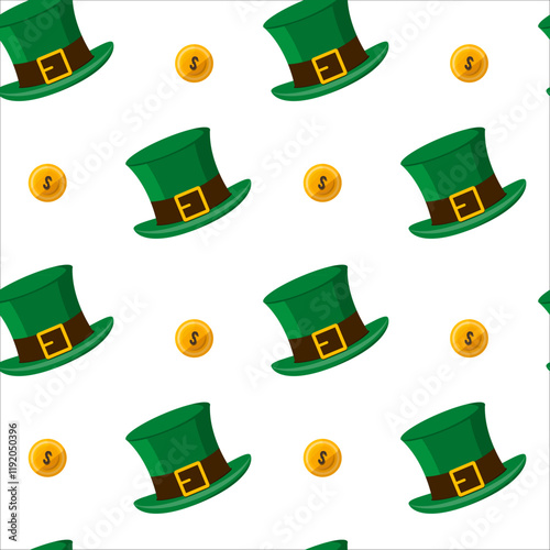 St. Patrick's Day-themed pattern of green leprechaun hats and gold coins, seamless on a white background, celebrating Irish culture