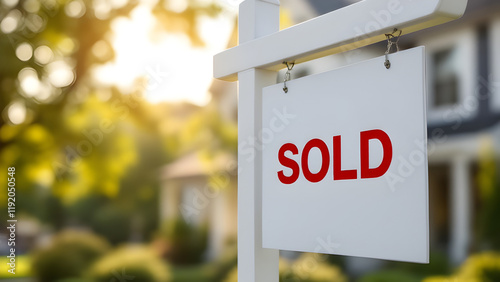 Clean and simple 'Sold' sign standing in front of a recently sold house, showcasing successful property deals. photo