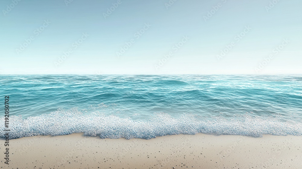 Serene Coastal Vista: Tranquil Ocean Waves Gently Kissing the Sandy Shore Under a Calm Sky Serene Coastal Vista: Tranquil Ocean Waves Gently Kissing the Sandy Shore Under a Calm Sky
