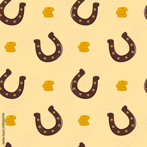Horseshoes and coins arranged in a seamless repeat pattern, flat graphic style, on a yellow background, concept of luck and prosperity