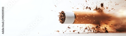 Breaking cigarette, tobacco debris flying, white isolated background.