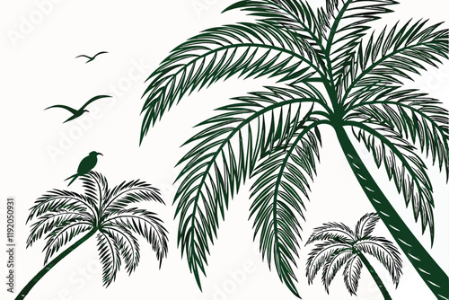 tropical palm fronds, vibrant green leaves, botanical illustration, white background, detailed leaf texture, natural light, photorealistic, high contrast, isolated plant specimen, lush foliage, archin