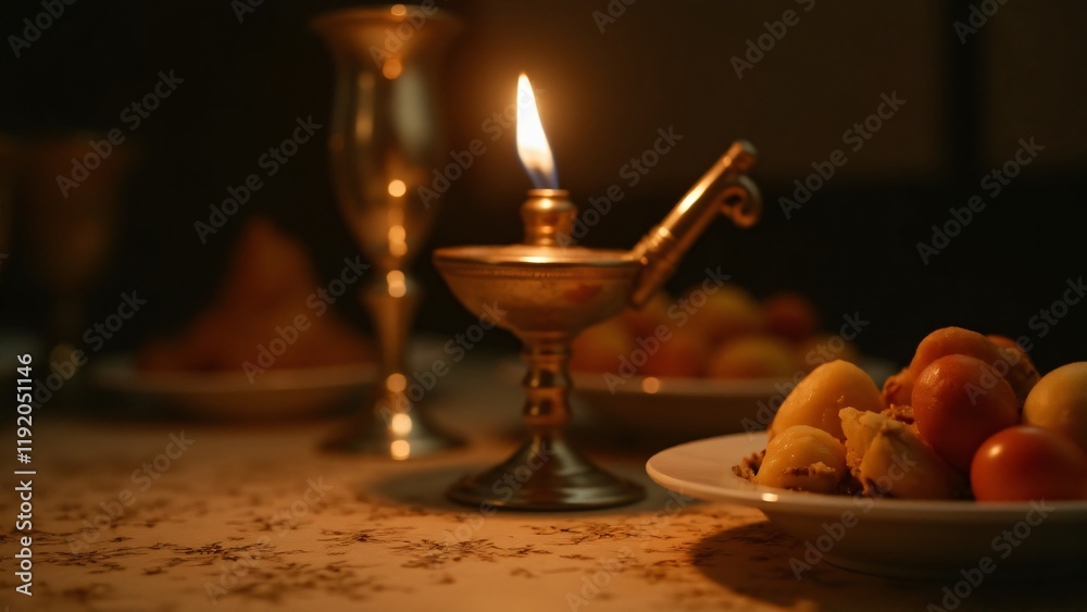 Fototapeta premium A traditional oil lamp with a flickering flame, creating a spiritual atmosphere during the Passover Seder, symbolizing Jewish faith and tradition.