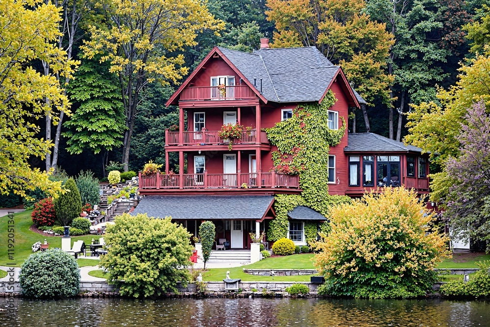 A Large Red House With Multiple Balconies And A Gray Roof Sits On The Edge Of A Body Of Water Surrounded By Lush Greenery And Trees A Large Red House With Multiple Balconies And A Gray Roof Sits On The Edge Of A Body Of Water Surrounded By Lush Greenery And Trees