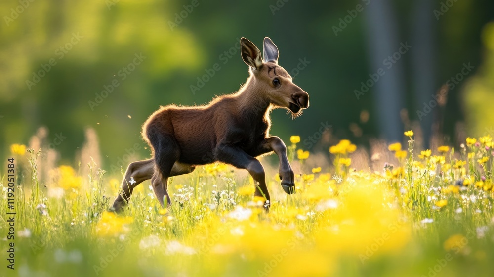 A young moose calf gallops through a sunlit meadow filled with yellow wildflowers A young moose calf gallops through a sunlit meadow filled with yellow wildflowers