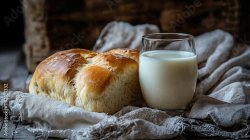 A close-up of a rustic loaf of bread and a glass of fresh milk. photo