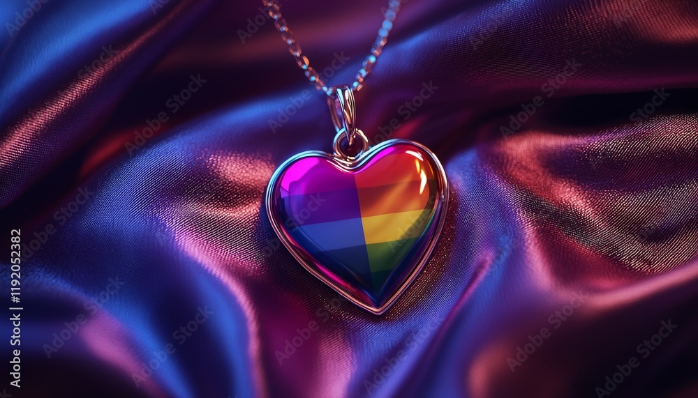 Celebrate love with pride this LGBT Valentine’s Day. Colorful heart pendant on a silky fabric background.