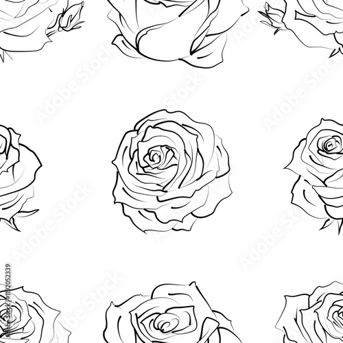 Seamless pattern with hand drawn rose flowers on white. Vector floral sketch background. Summer botanical doodle illustration. Monochrome outline design good for print fabric, wrapping paper, web