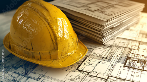 Construction Safety Overview Hard Hat on Blueprints Site Office Engineering Plans Industrial Environment
