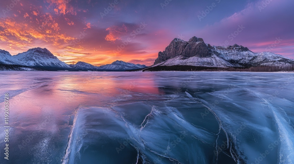 Fototapeta premium A frozen lake stretching to the horizon under a twilight sky.