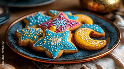 Photo Festive Decorated Cookies Stars and Moons photo