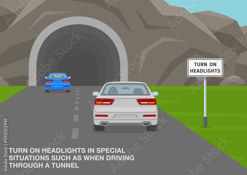 Safe driving tips and traffic regulation rules. United States "turn on headlights" sign meaning. Back view of a steam of cars entering the tunnel. Flat vector illustration template.