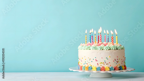 Festive birthday cake with colorful candles on blue background. photo