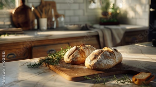 crusty artisan loaves with cross-shaped cuts on top rest on a wooden cutting board
