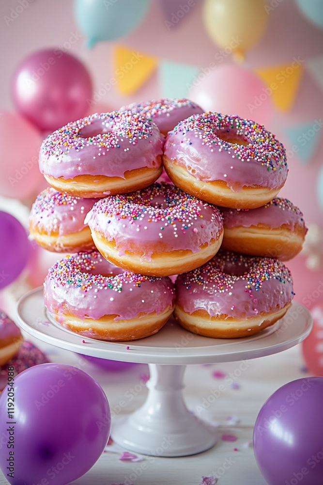 A Delightful Stack of Pink Sprinkle Donuts on a Cake Stand A Delightful Stack of Pink Sprinkle Donuts on a Cake Stand