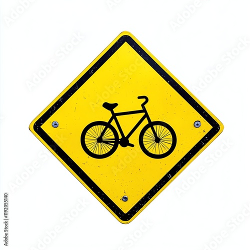 Bicycle warning sign on a yellow diamond background, isolated on white.