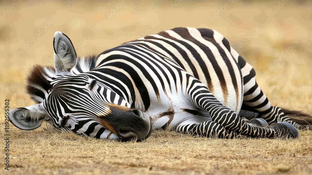 A Resting Zebra in the Savannah, Featuring its Distinctive Black and White Stripes A Resting Zebra in the Savannah, Featuring its Distinctive Black and White Stripes