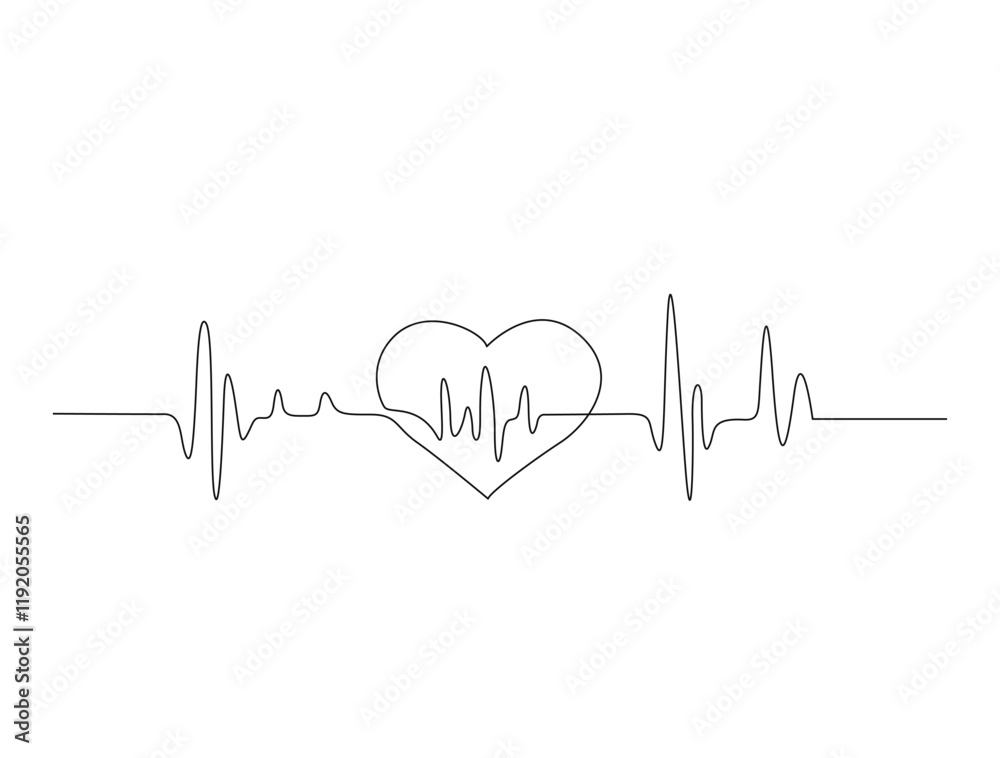 Continuous one line drawing of heart beat pulse line with love shape. Heart care in single line draw illustration. Editable stroke.