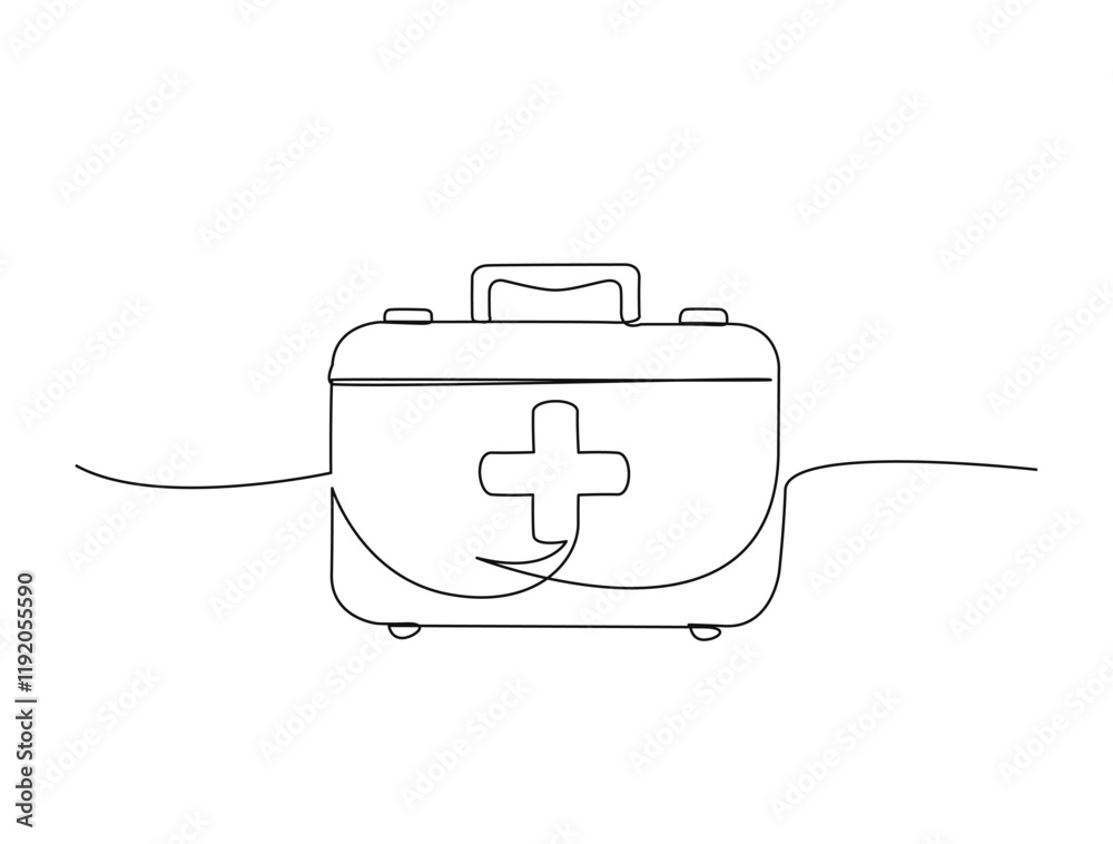 Obraz premium Continuous one line drawing of First aid kit medical bag. Medical bag in single line draw illustration. Editable stroke.