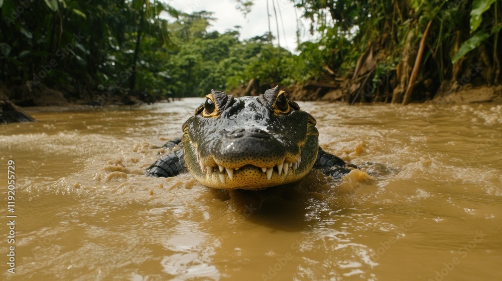 Fototapeta premium Close up of a caiman swimming in a muddy river surrounded by dense vegetation