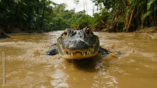 Close up of a caiman swimming in a muddy river surrounded by dense vegetation photo
