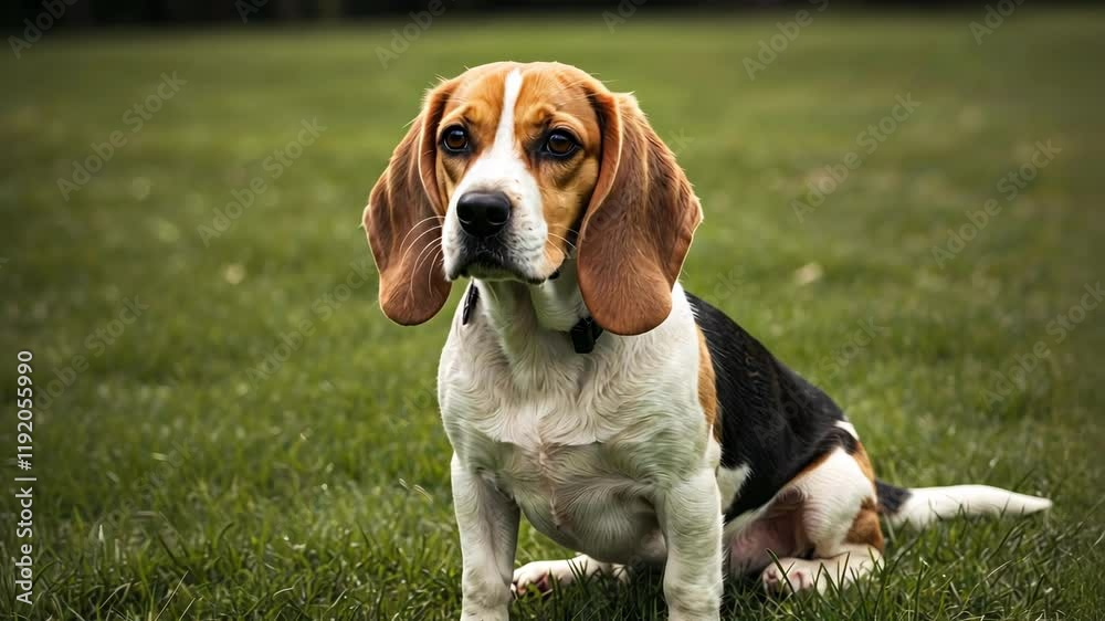 Beagle sitting on grass, displaying calm demeanor in outdoor setting, suggesting playful and loyal nature of pet Beagle sitting on grass, displaying calm demeanor in outdoor setting, suggesting playful and loyal nature of pet