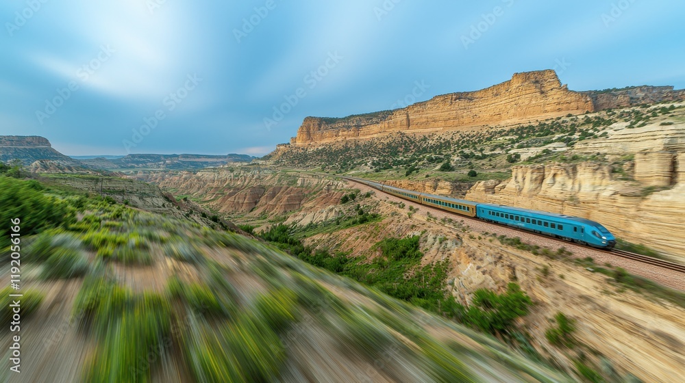 Naklejka premium Commuter train journey through scenic landscape rural route photography natural scenery dynamic perspective symbol of standard transport