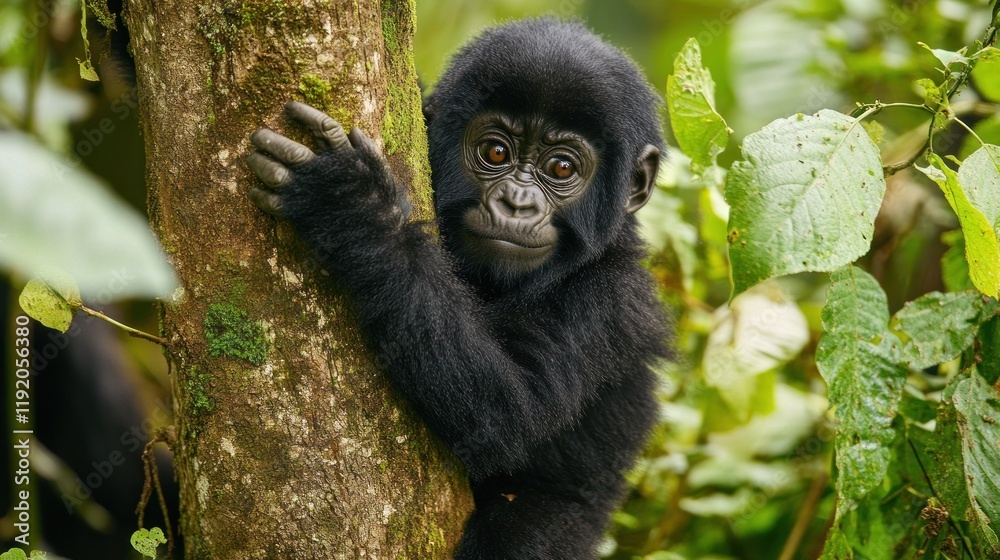 A young gorilla clings to a tree trunk in a lush forest setting looking forward A young gorilla clings to a tree trunk in a lush forest setting looking forward