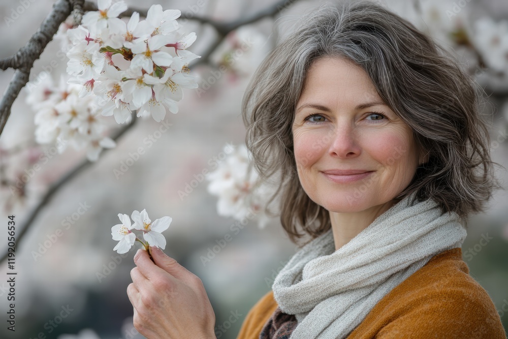 Smiling woman holding a small flower in her hand, surrounded by blooming cherry blossoms in springtime. Smiling woman holding a small flower in her hand, surrounded by blooming cherry blossoms in springtime.
