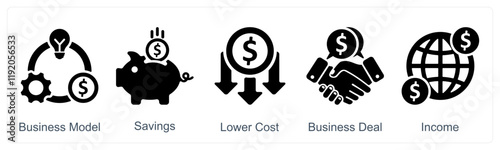 A set of 5 business icons as business model, lower cost, business deal